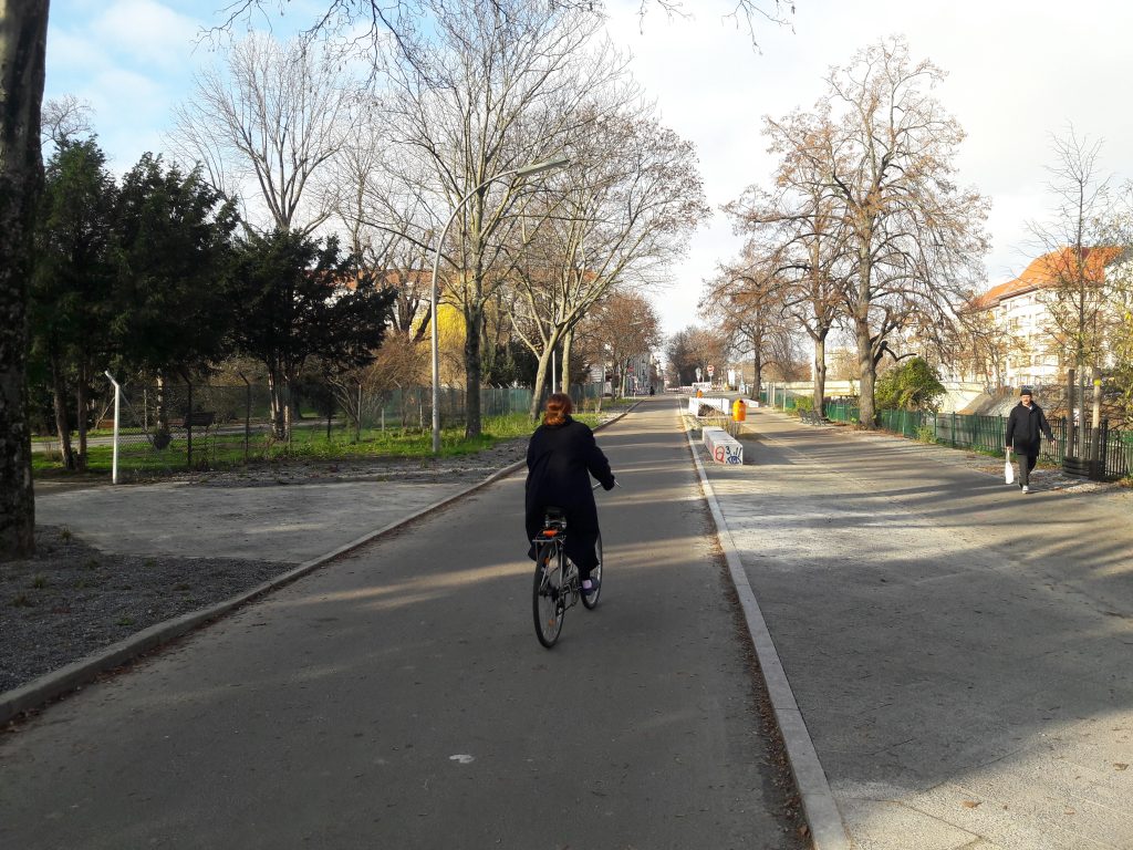 Radfahrerin auf der Fahrradstraße Weigandufer